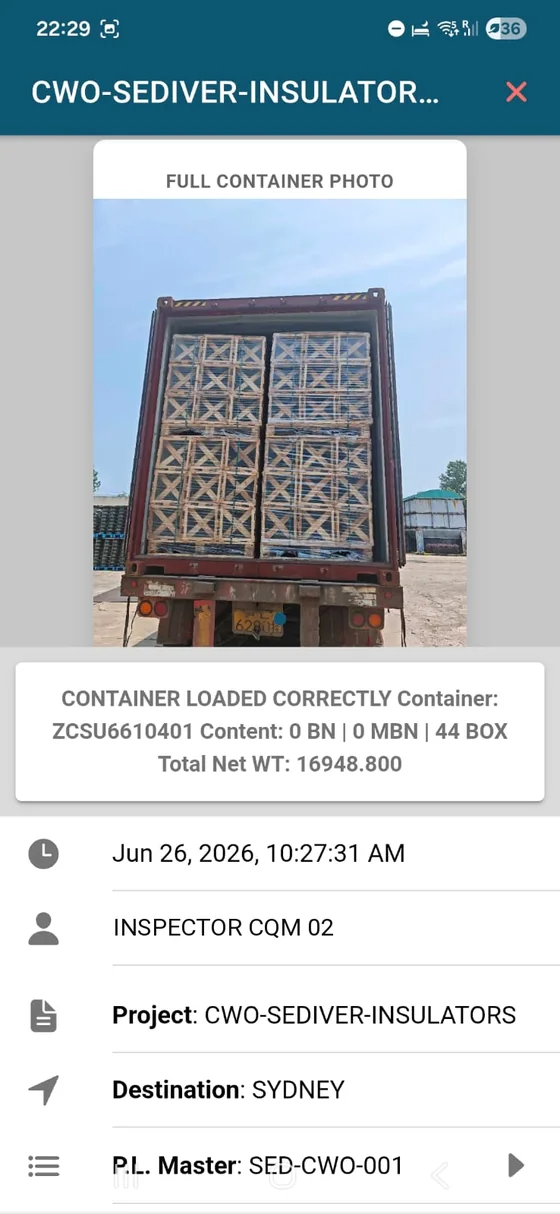 Registro de cargue de cajas en contenedor