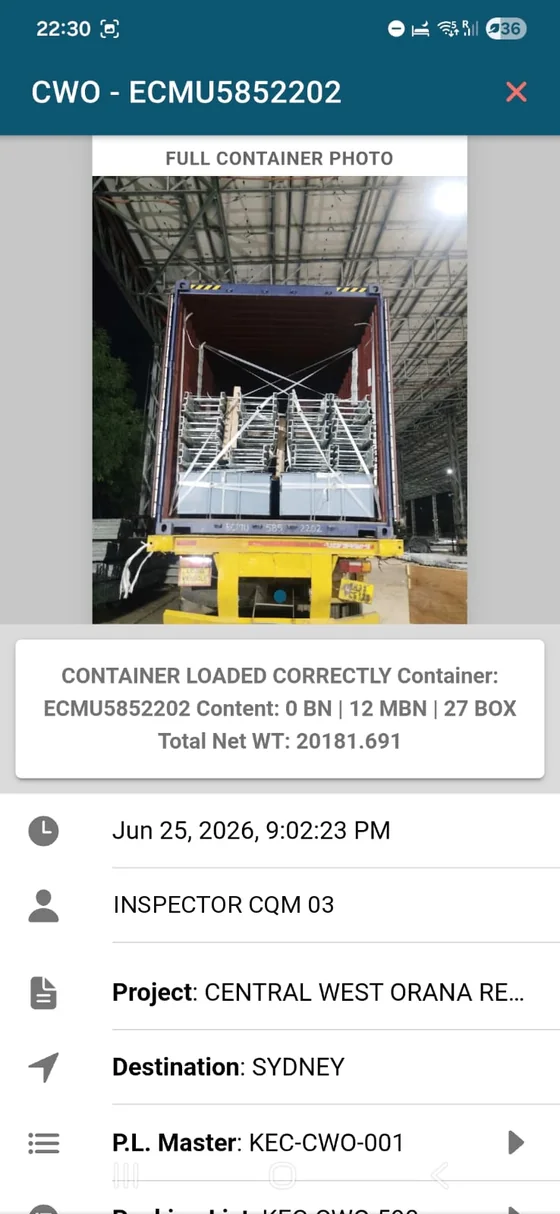 Registro de cargue de estructuras en contenedor